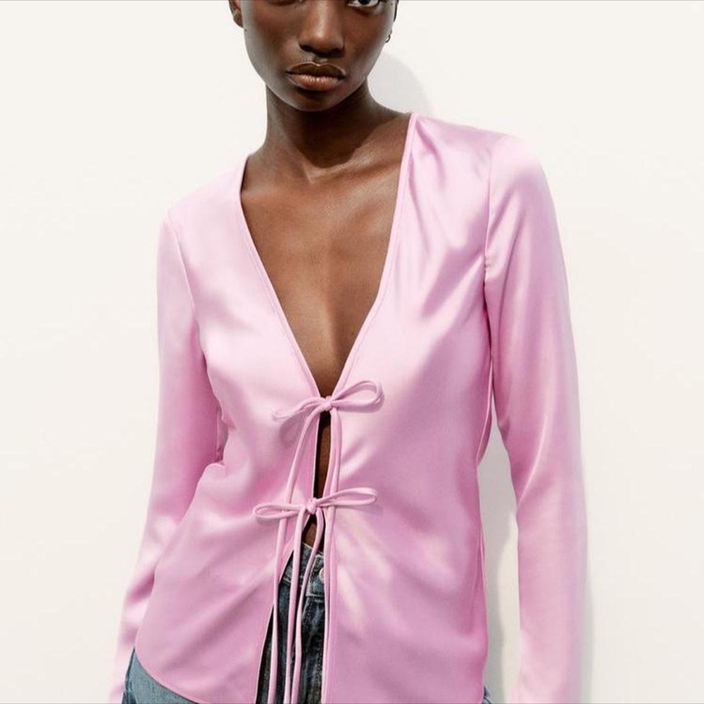 NEW ZARA Elegant Black Women's LONG SLEEVE TIE UP SATINY Top